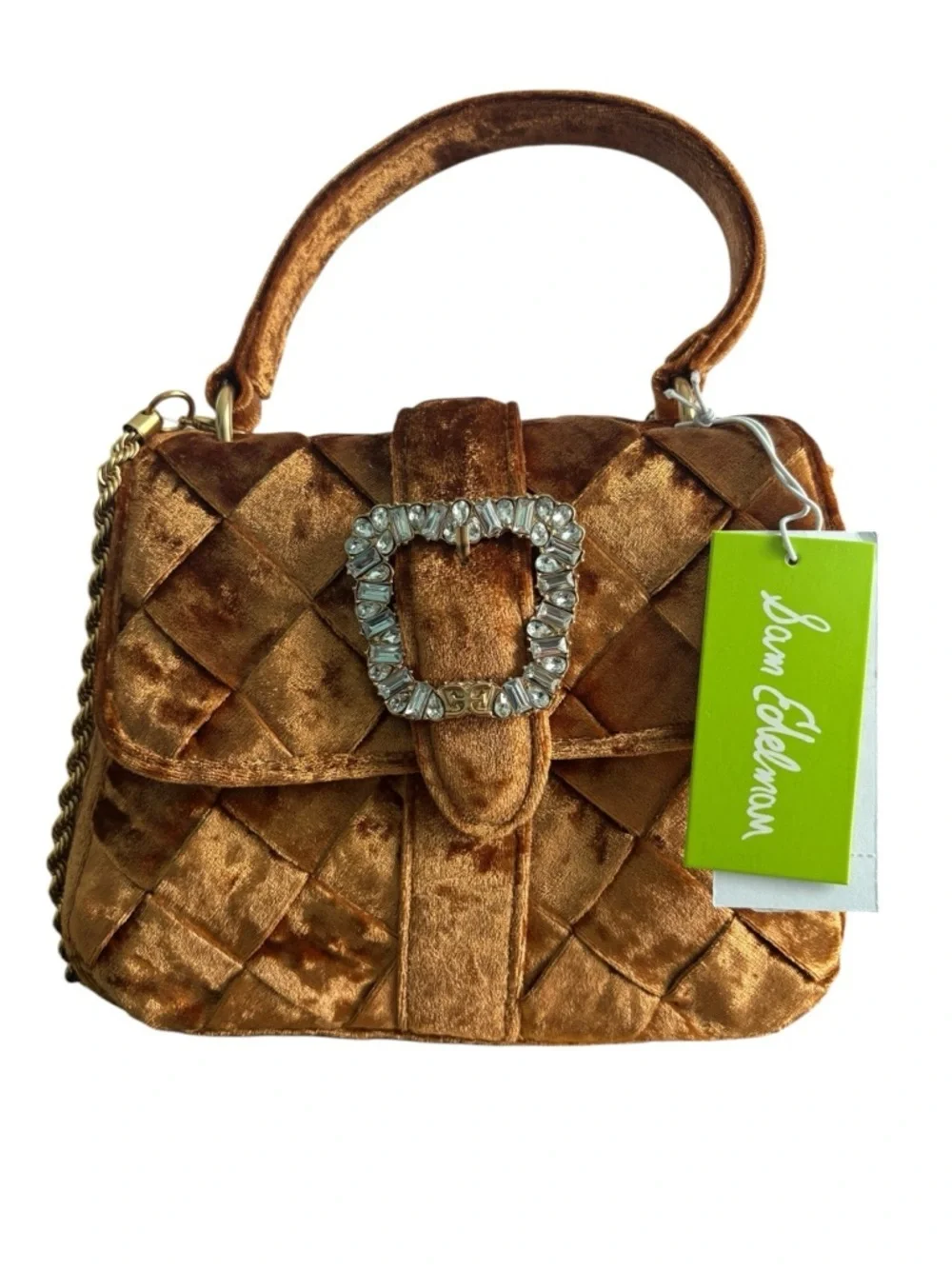 Sam Edelman Quilted Metallic Bronze Velvet Satchel with Crystal Buckle